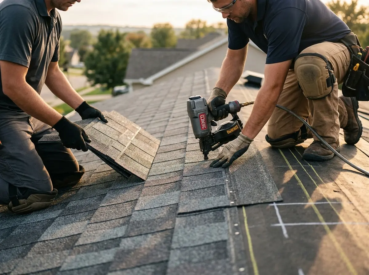 Professional roofer working on a residential roof in El Reno